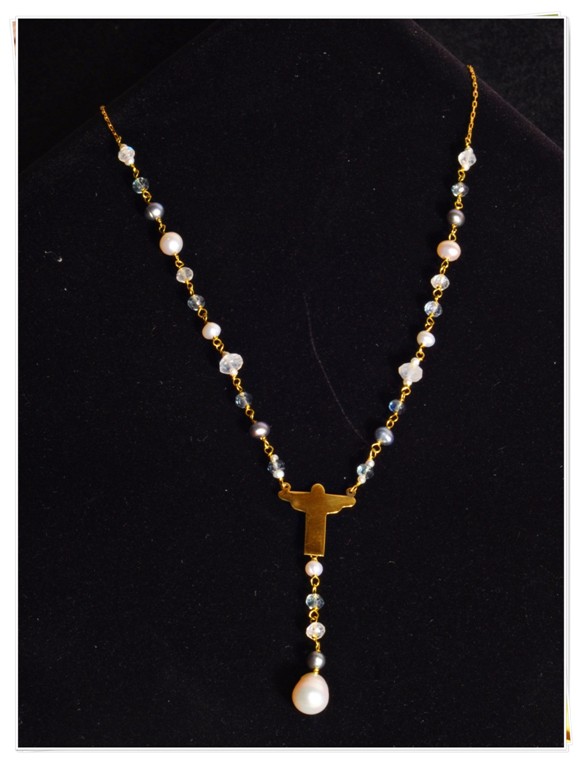 Colar Cristo Redentor (Pérolas, Cristal e Pedra da Lua) Tecnótica